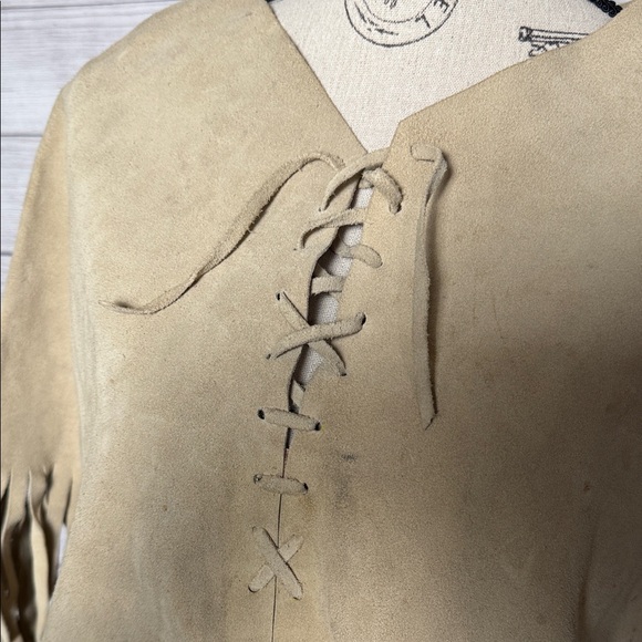 Vintage Fringed Tan Leather Poncho - Picture 2 of 9